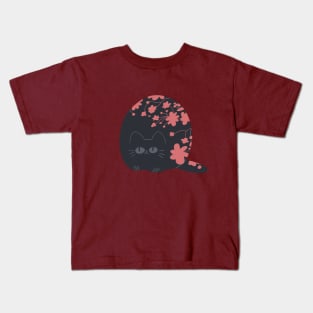 black cat with flowers Kids T-Shirt